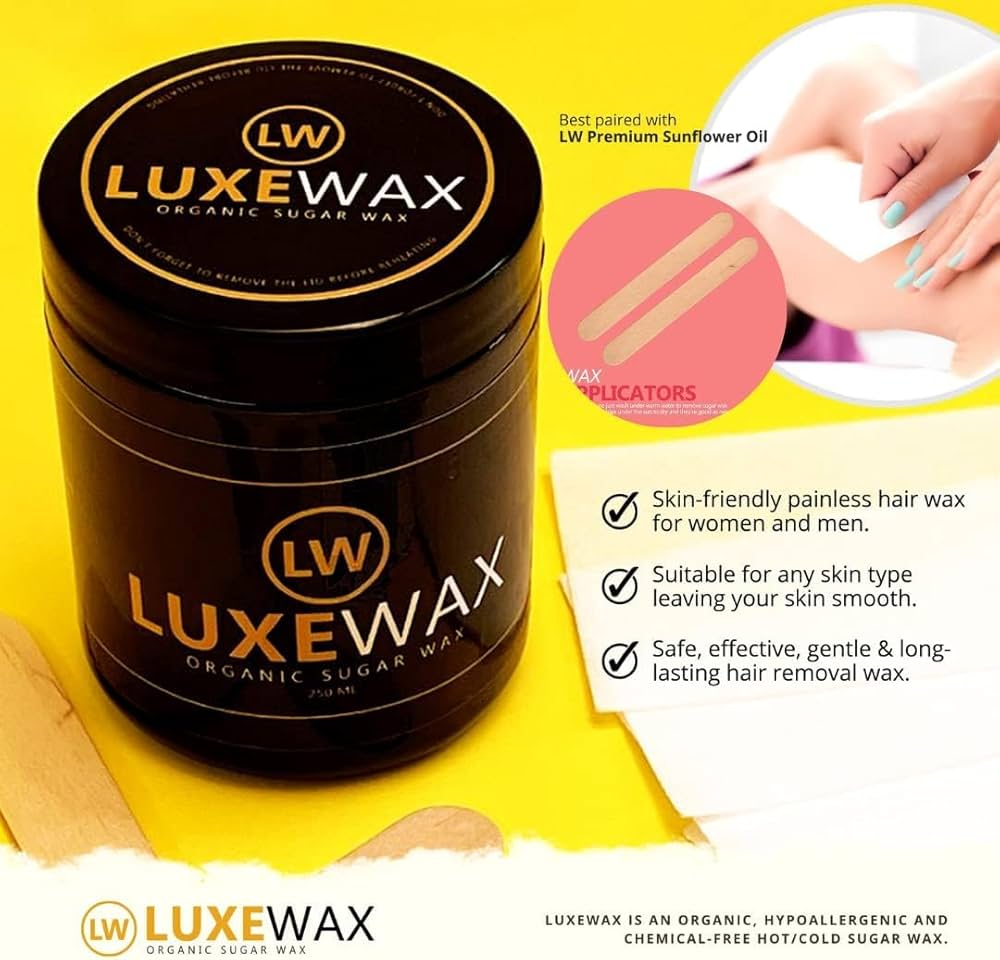 Luxewax Organic Sugar Wax 350g (Strips + Wooden Applicator) شمع السكر العضوي من لوكسواكس (شرائح + أداة تطبيق خشبية) - Princess Cosmetics Qatar