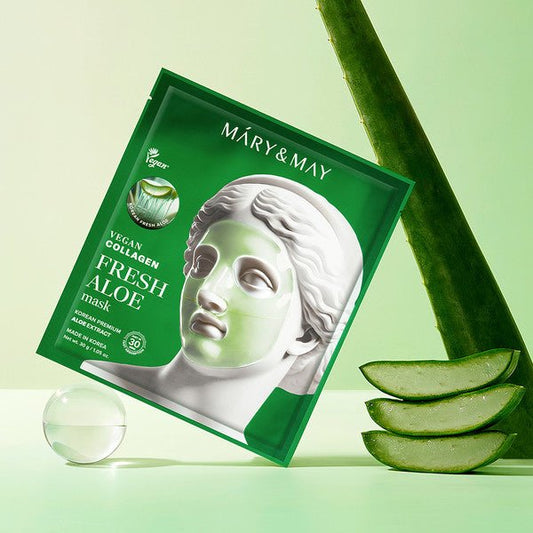 Mary & May Vegan Collagen Fresh Aloe Mask (1 Sheet) قناع الصبار المنعش بالكولاجين النباتي من ماري آند ماي - Princess Cosmetics Qatar