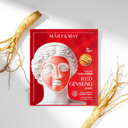 Mary & May Vegan Collagen Red Ginseng Mask (1 Sheet) قناع الكولاجين النباتي من ماري آند ماي مع الجينسنغ الأحمر - Princess Cosmetics Qatar
