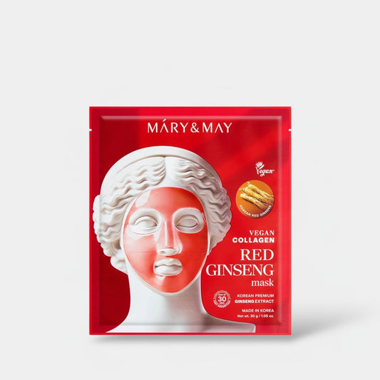 Mary & May Vegan Collagen Red Ginseng Mask (1 Sheet) قناع الكولاجين النباتي من ماري آند ماي مع الجينسنغ الأحمر - Princess Cosmetics Qatar