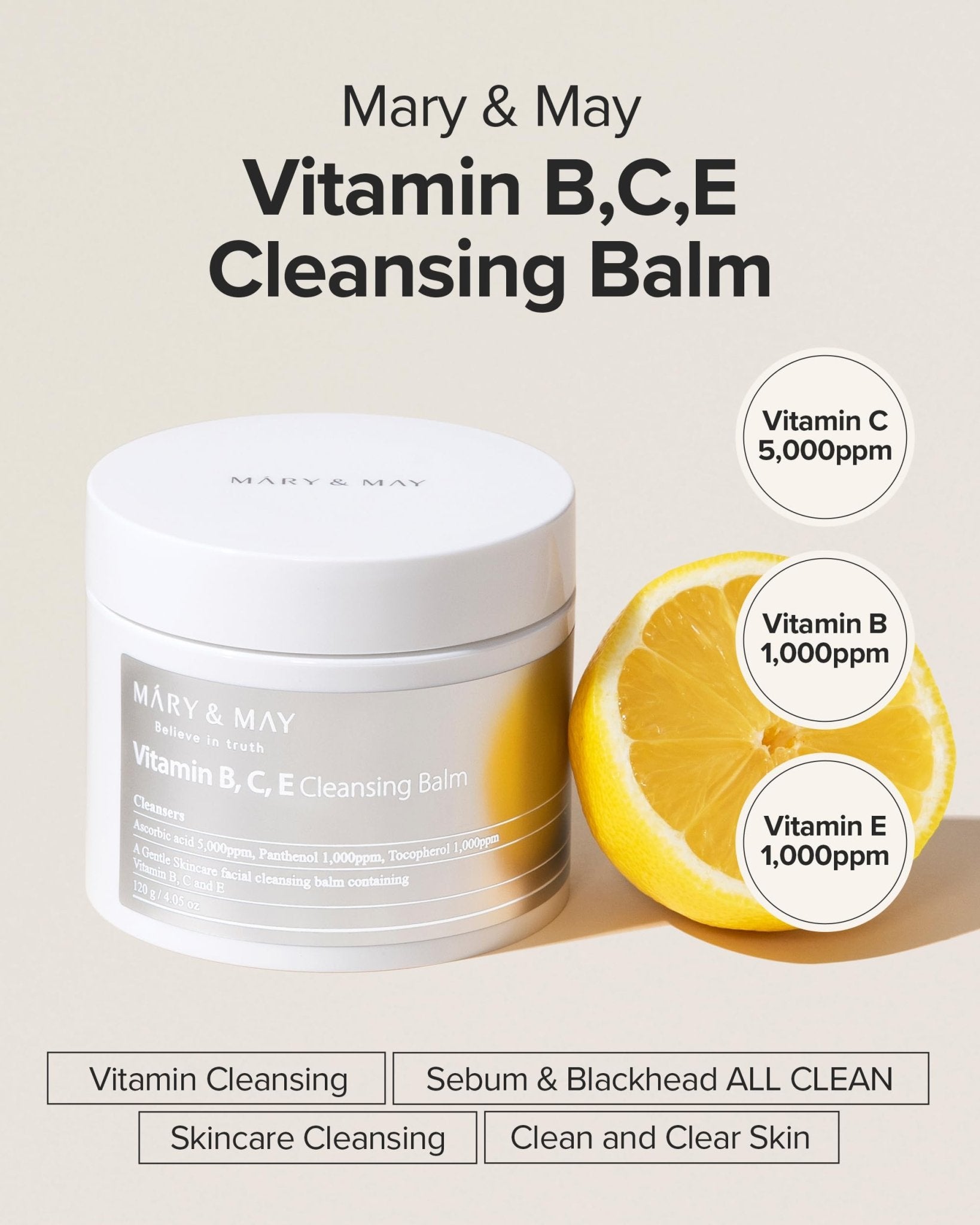Mary & May Vitamin B, C and E Cleansing Balm 120g بلسم التنظيف بفيتامينات B وC وE من ماري آند ماي - Princess Cosmetics Qatar