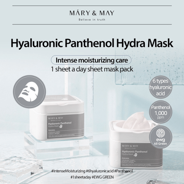 Mary&May Hyaluronic Panthenol Hydra Mask (30 Sheets). ماري وماي قناع الهيالورونيك بانثينول هيدرا - Princess Cosmetics Qatar