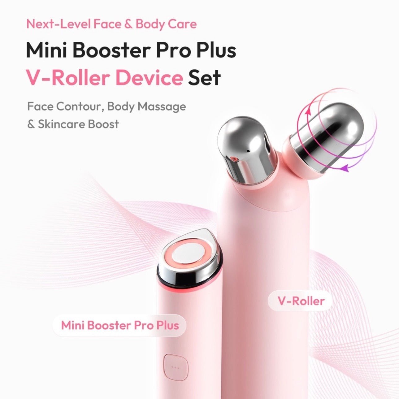 Medicube Age-R Booster V Roller Set Pink (Mini Plus + V Roller) مجموعة ميديكوب إيج-آر بوستر في رولر باللون الوردي (ميني بلس + بكرة التدليك على شكل حرف V) - Princess Cosmetics Qatar