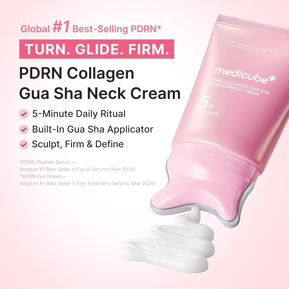 Medicube PDRN Collagen Gua Sha Neck Wrinkle Cream 90g كريم ميديكوب بي دي آر إن كولاجين غوا شا لعلاج تجاعيد الرقبة - Princess Cosmetics Qatar