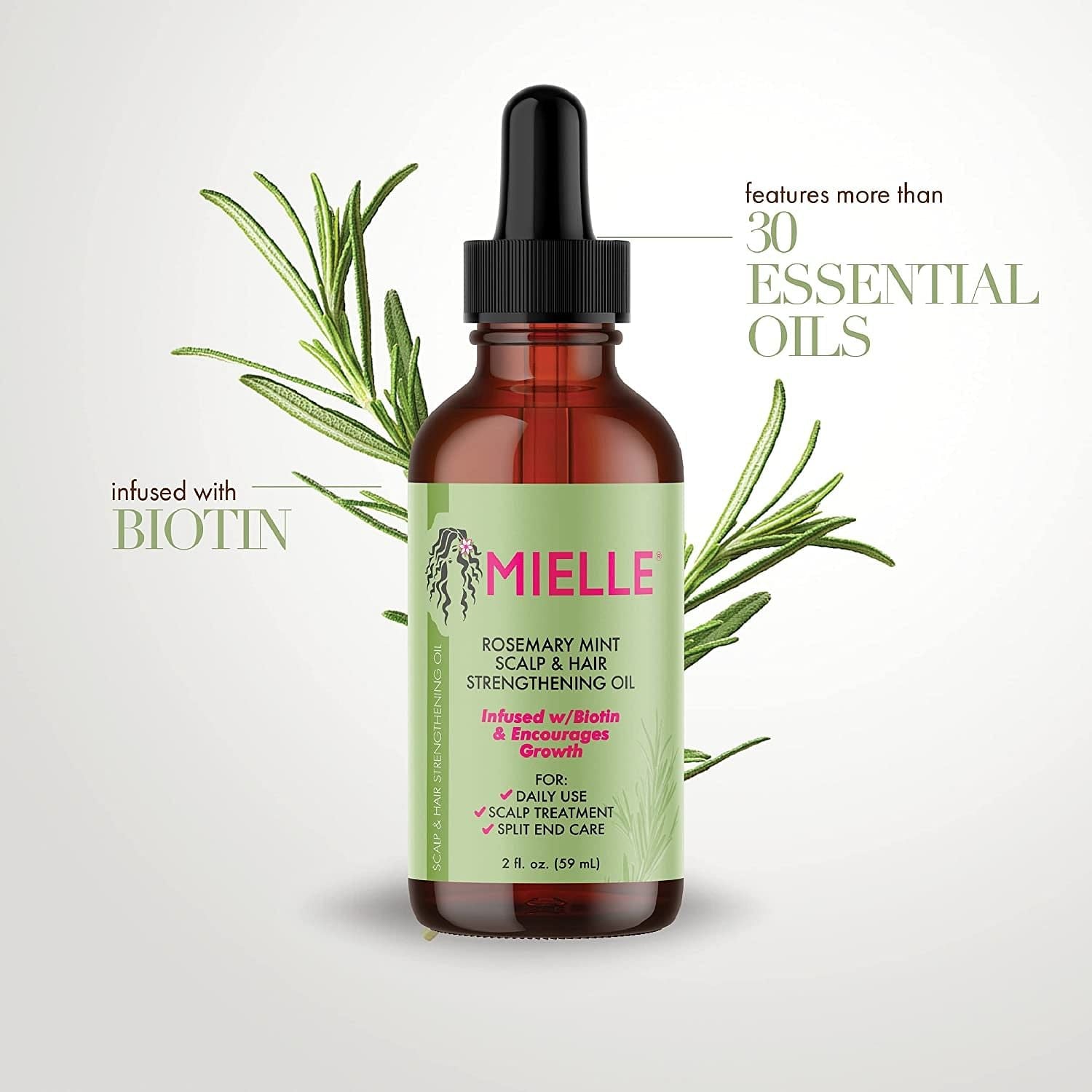 Mielle Organics Rosemary Mint Scalp & Hair Strengthening Oil 59ml. زيت تقوية الشعر وفروة الرأس والنعناع وإكليل الجبل من ميلي أورجانيكس، 59 مل - Princess Cosmetics Qatar