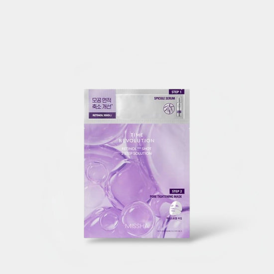 Missha Time Revolution Retinol 1000 Shot 2 Step Solution Mask (1 Sheet) قناع ميشا تايم ريفوليوشن ريتينول 1000 طلقة، محلول من خطوتين - Princess Cosmetics Qatar