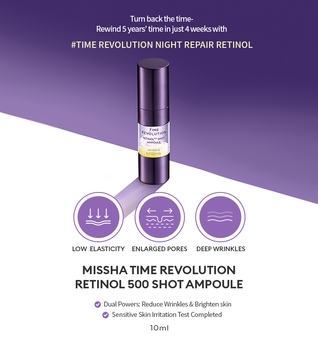 Missha Time Revolution Retinol 500 Shot Ampoule 10ml. أمبولة تايم ريفولوشن ريتينول 500 شوت من ميشا - Princess Cosmetics Qatar