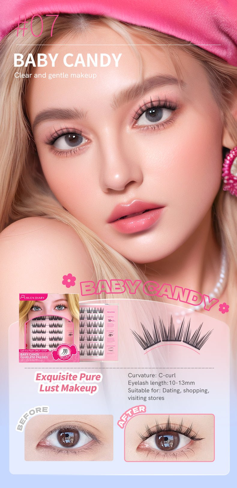 Mlen Diary Baby Candy Glueless Falsies رموش صناعية بدون غراء من مِلين دياري بيبي كاندي - Princess Cosmetics Qatar