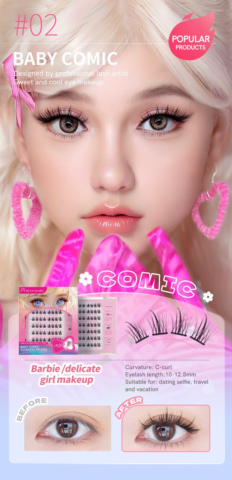 Mlen Diary Baby Comic Glueless Falsies مذكرات ملين للأطفال - شعر مستعار بدون غراء - Princess Cosmetics Qatar