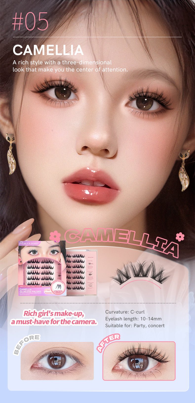 Mlen Diary Camellia Glueless Falsies مذكرات ملين - شرائط الكاميليا المزيفة بدون غراء - Princess Cosmetics Qatar