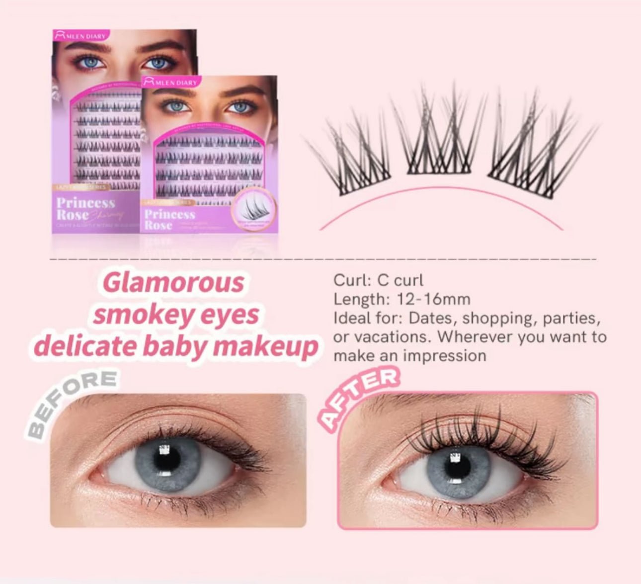 Mlen Diary Princess Rose Charming False Eyelashes (45 Clusters) رموش صناعية ساحرة من مِلين دياري برينسيس روز - Princess Cosmetics Qatar