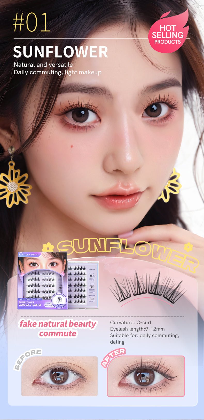 Mlen Diary Sunflower Glueless Falsies مذكرات ملين - زهور عباد الشمس بدون غراء - Princess Cosmetics Qatar