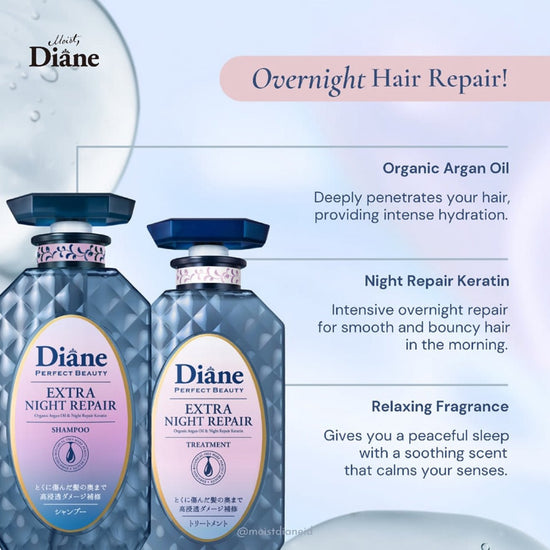 Moist Diane Extra Night Repair Set (Shampoo + Treatment) 450ml. مجموعة ديان إكسترا للإصلاح الليلي (شامبو + علاج) 450 مل - Princess Cosmetics Qatar