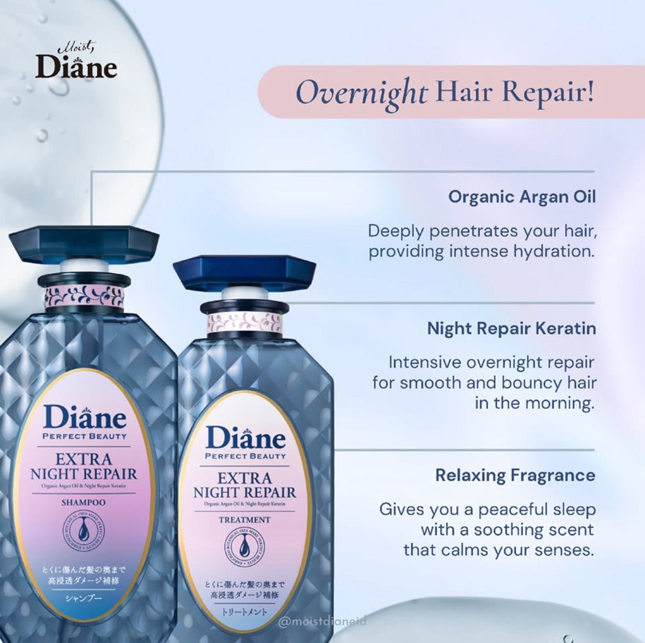 Moist Diane Extra Night Repair Set (Shampoo + Treatment) 450ml. مجموعة ديان إكسترا للإصلاح الليلي (شامبو + علاج) 450 مل - Princess Cosmetics Qatar