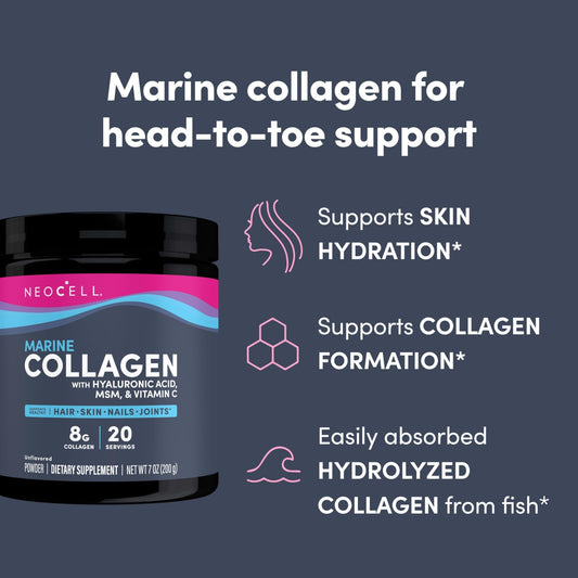 Neocell Marine Collagen Powder with Hyaluronic Acid, MSM, & Vitamin C 200g - EXPIRY: 12/2025 مسحوق الكولاجين البحري Neocell مع حمض الهيالورونيك و MSM وفيتامين C - Princess Cosmetics Qatar