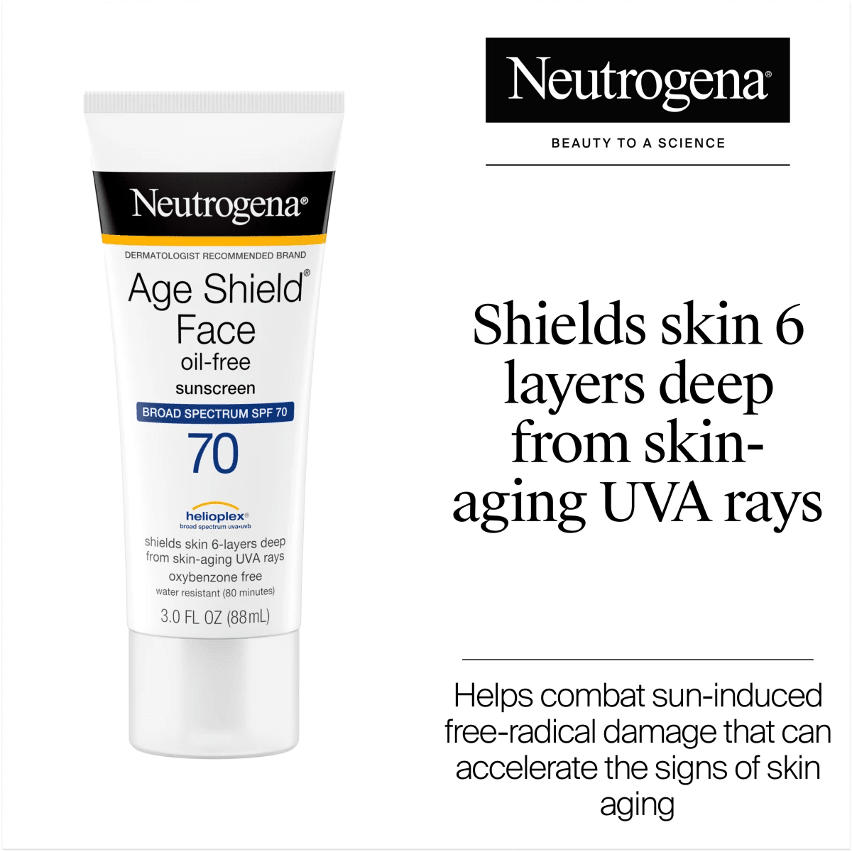 Neutrogena Age Shield Face Oil-Free Sunscreen SPF70 88ml واقي الشمس للوجه من نيتروجينا إيج شيلد الخالي من الزيوت بعامل حماية 70 - Princess Cosmetics Qatar