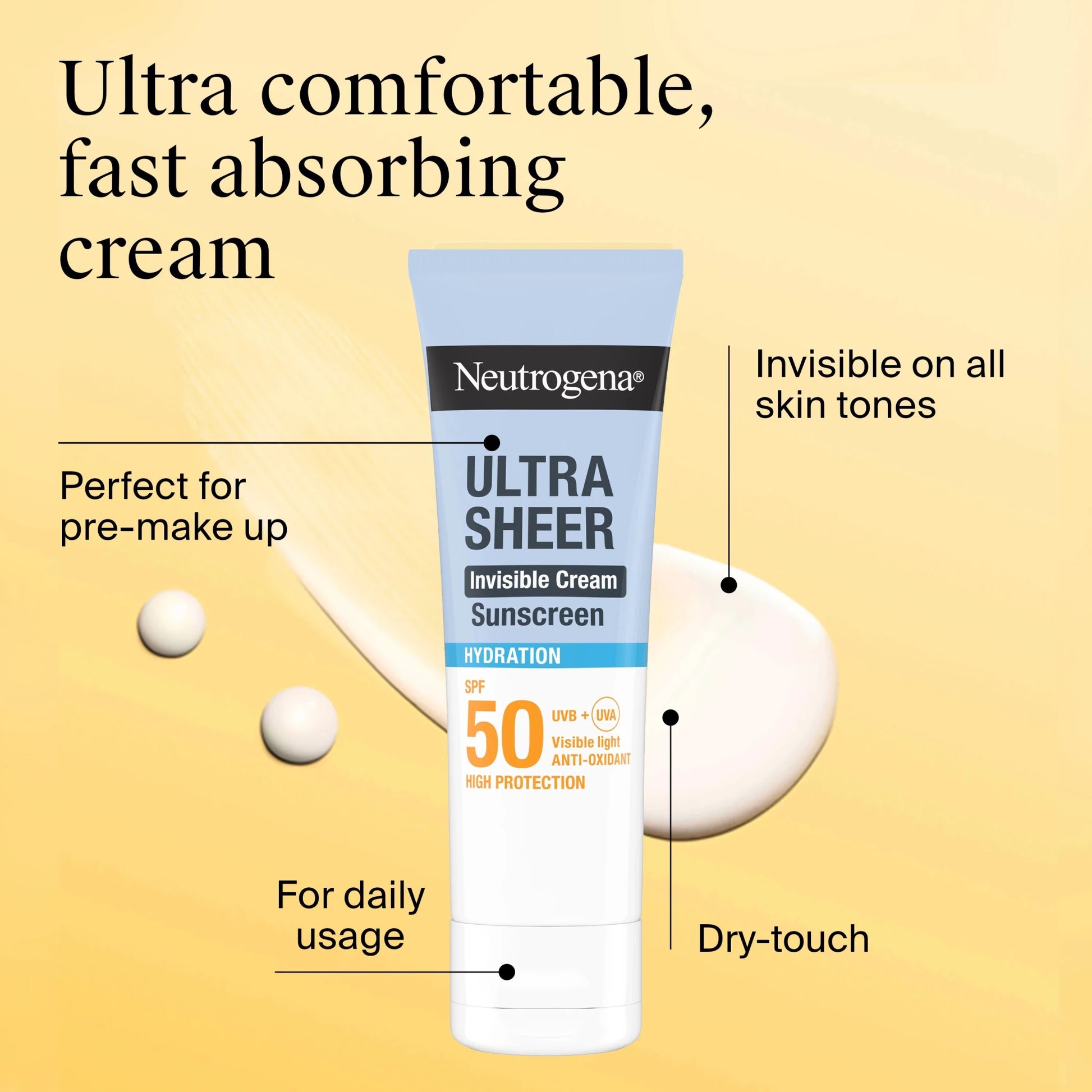 Neutrogena Ultra Sheer Invisible Cream Sunscreen Hydration SPF50 50ml كريم نيتروجينا ألترا شير غير المرئي الواقي من الشمس المرطب بعامل حماية من الشمس 50 - Princess Cosmetics Qatar