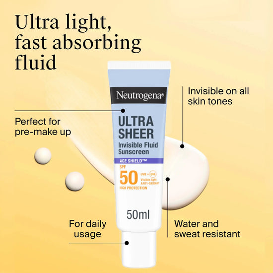 Neutrogena Ultra Sheer Invisible Fluid Sunscreen Age Shield SPF50 50ml واقي الشمس السائل الشفاف فائق الشفافية من نيتروجينا، عامل حماية من الشمس 50 - Princess Cosmetics Qatar