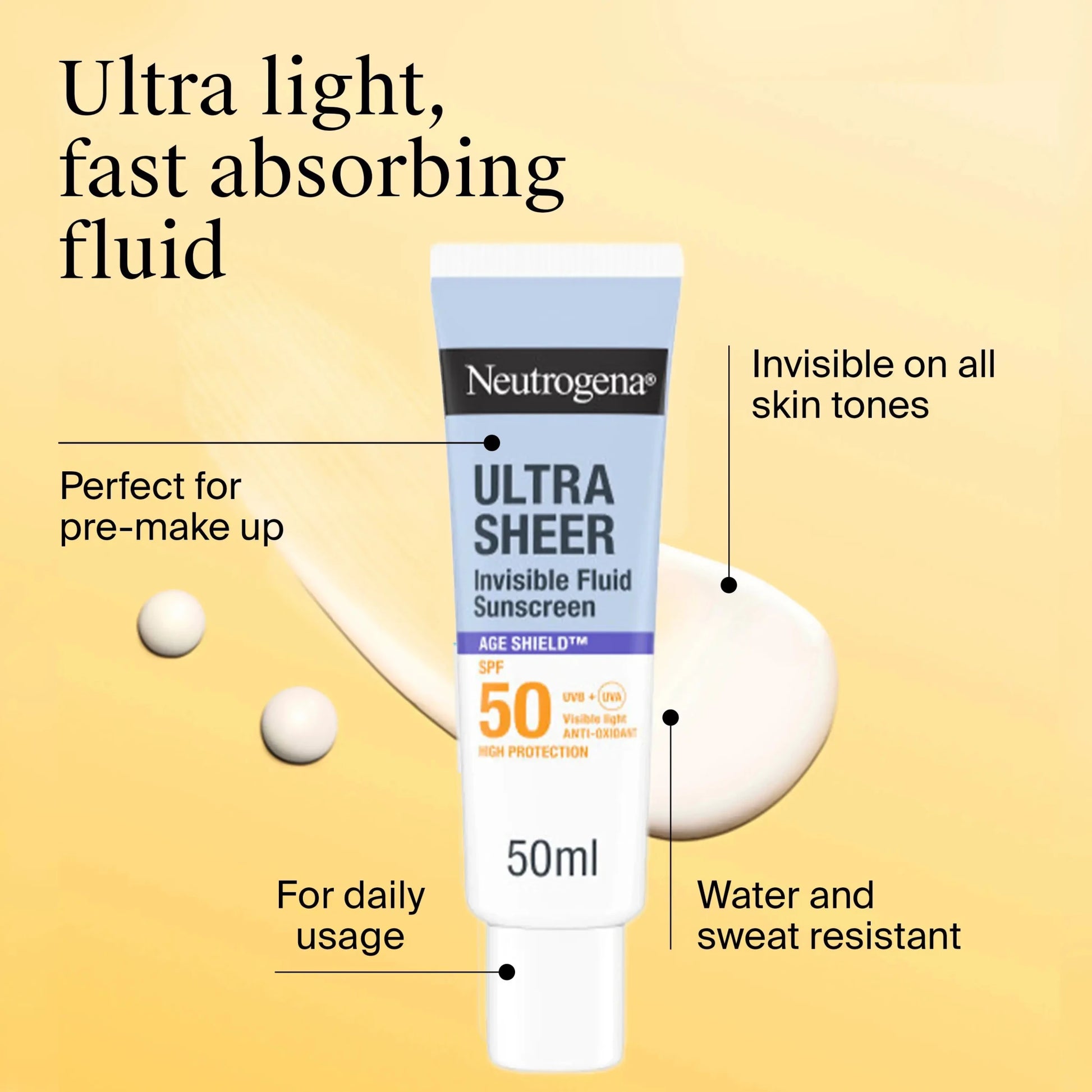 Neutrogena Ultra Sheer Invisible Fluid Sunscreen Age Shield SPF50 50ml واقي الشمس السائل الشفاف فائق الشفافية من نيتروجينا، عامل حماية من الشمس 50 - Princess Cosmetics Qatar