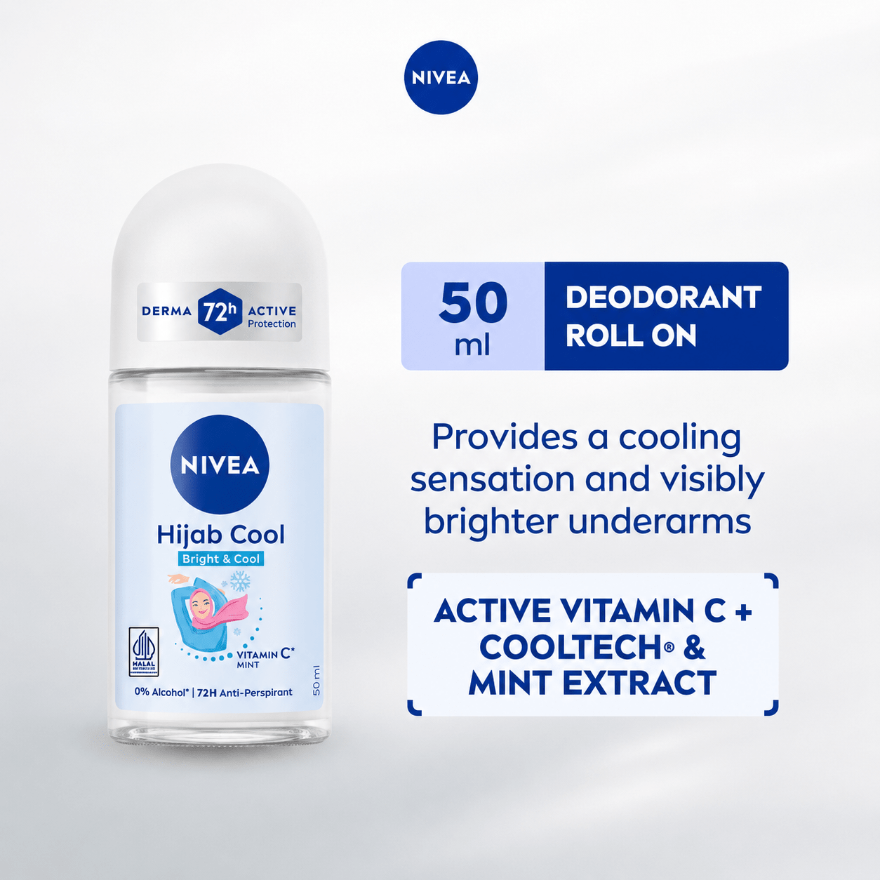 Nivea Hijab Cool Bright & Cool Vitamin C & Mint Deodorant Roll On 50ml مزيل عرق نيفيا حجاب كول برايت آند كول بفيتامين سي والنعناع، رول أون - Princess Cosmetics Qatar