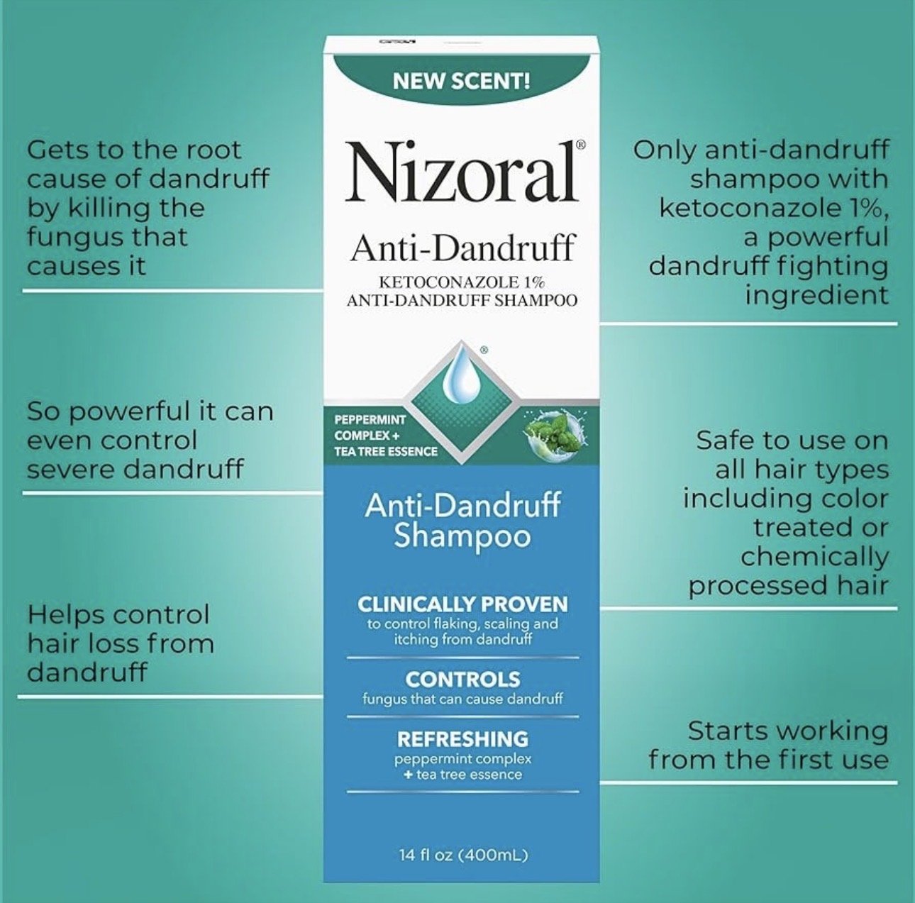Nizoral Anti - Dandruff Shampoo Peppermint + Tea Tree Scent 400ml شامبو نيزورال المضاد للقشرة برائحة النعناع وشجرة الشاي - Princess Cosmetics Qatar