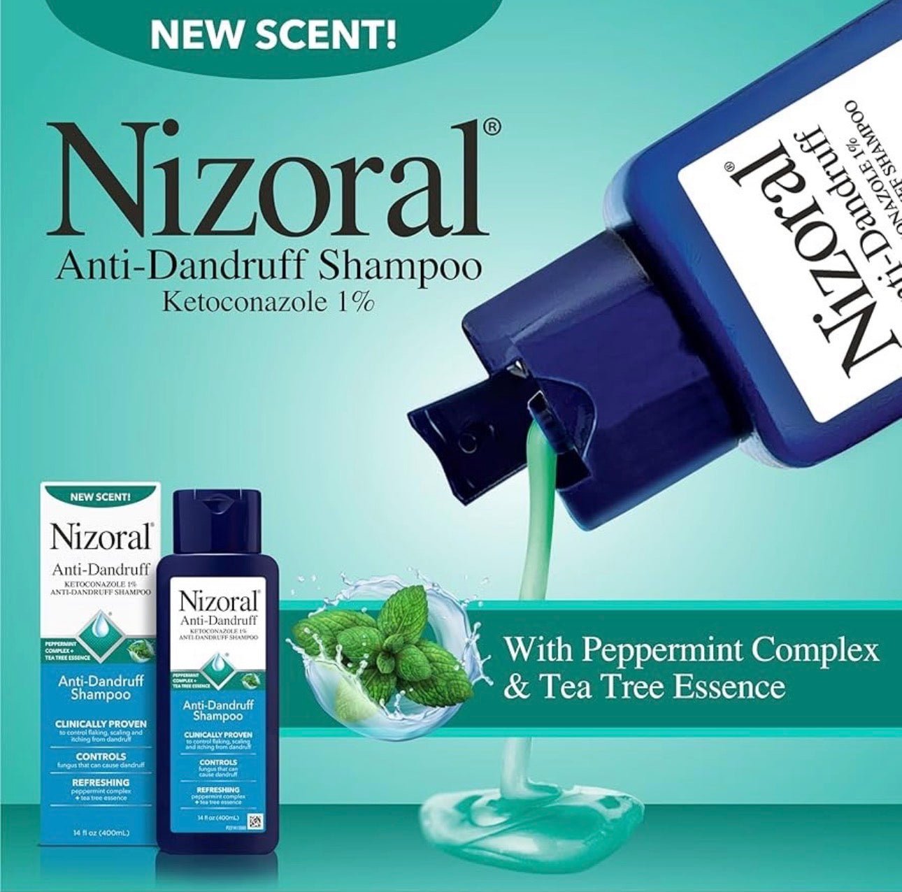 Nizoral Anti - Dandruff Shampoo Peppermint + Tea Tree Scent 400ml شامبو نيزورال المضاد للقشرة برائحة النعناع وشجرة الشاي - Princess Cosmetics Qatar