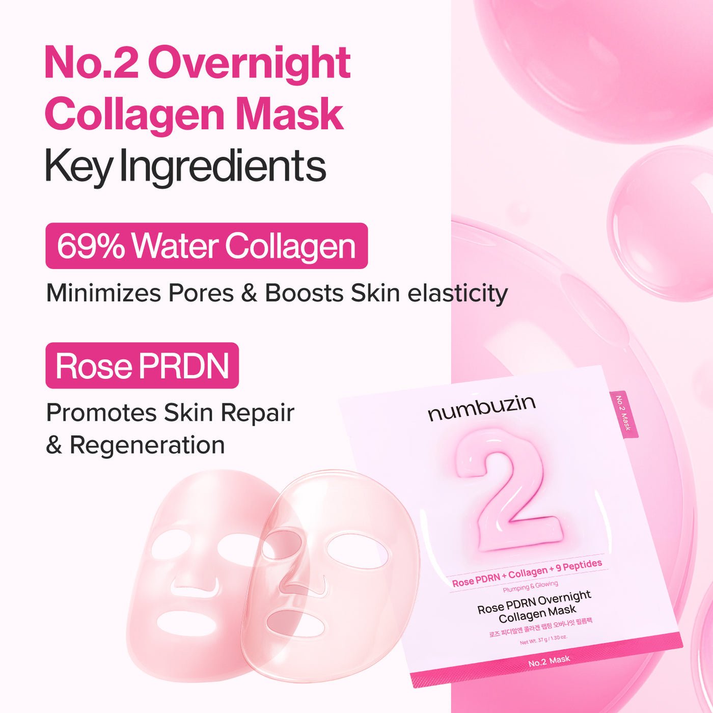 Numbuzin No.2 Rose PDRN Collagen Plumping Sheet Mask (1 Sheet) قناع ورقي مرطب ومغذي بالكولاجين من نومبوزين رقم 2 روز بي دي آر إن - Princess Cosmetics Qatar