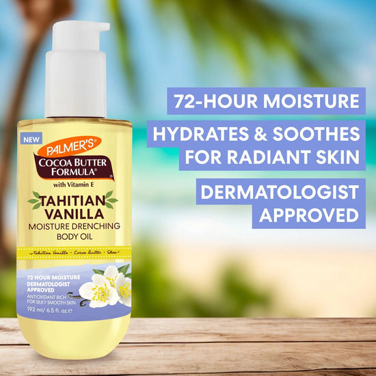 Palmer’s Cocoa Butter Formula with Vitamin E Tahitian Vanilla Moisture Drenching Body Oil 192ml زيت بالمرز المرطب للجسم بخلاصة زبدة الكاكاو وفيتامين E والفانيليا التاهيتية - Princess Cosmetics Qatar