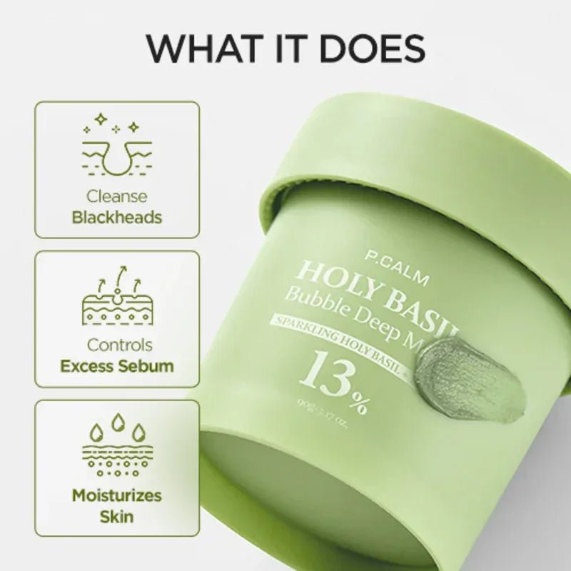 P.CALM Holy Basil Bubble Deep Mask 90g قناع بي.كالم العميق برغوة الريحان المقدس - Princess Cosmetics Qatar