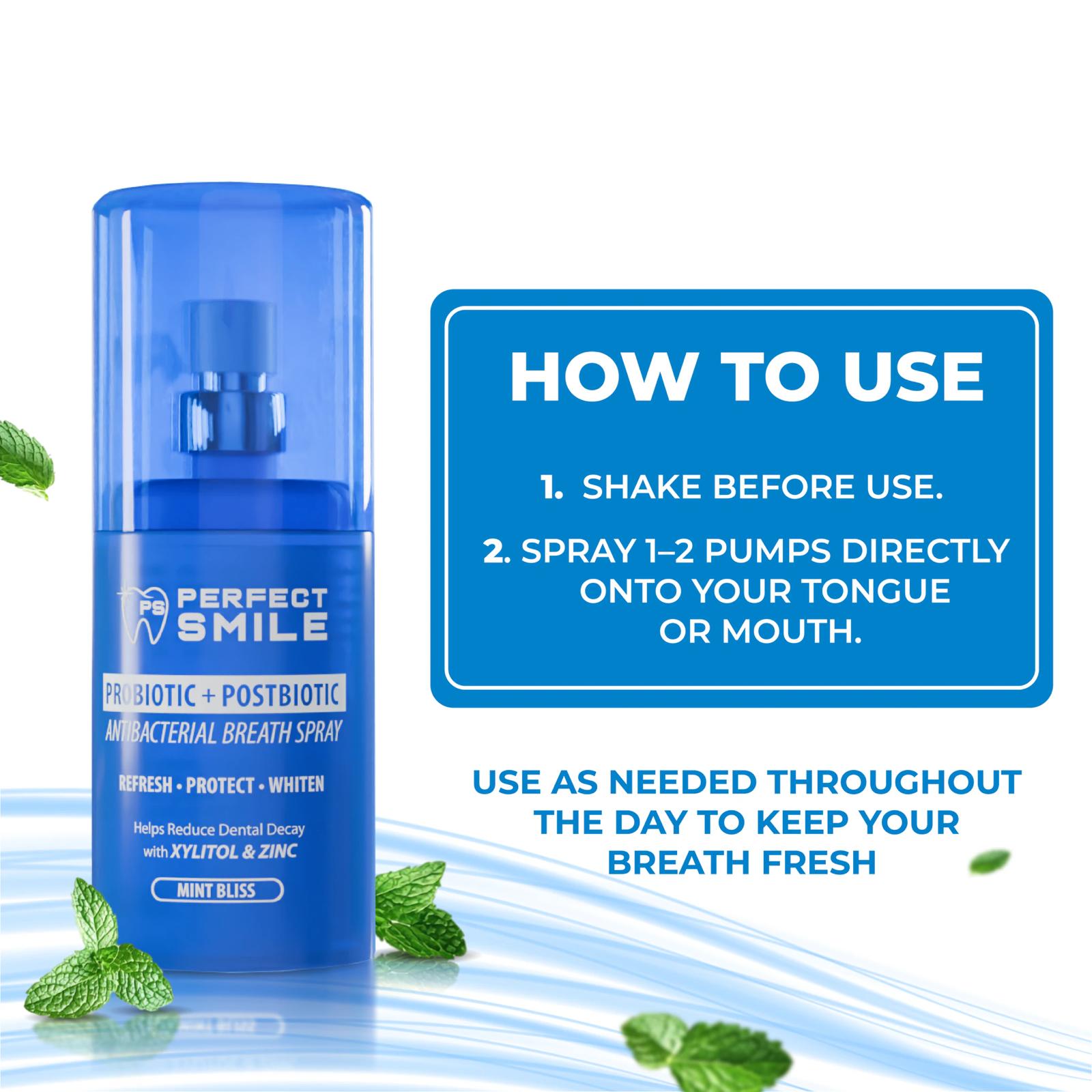 Perfect Smile Probiotic + Postbiotic Antibacterial Breath Spray 15ml بخاخ التنفس المضاد للبكتيريا بروبيوتيك + بوستبيوتيك بيرفكت سمايل - Princess Cosmetics Qatar