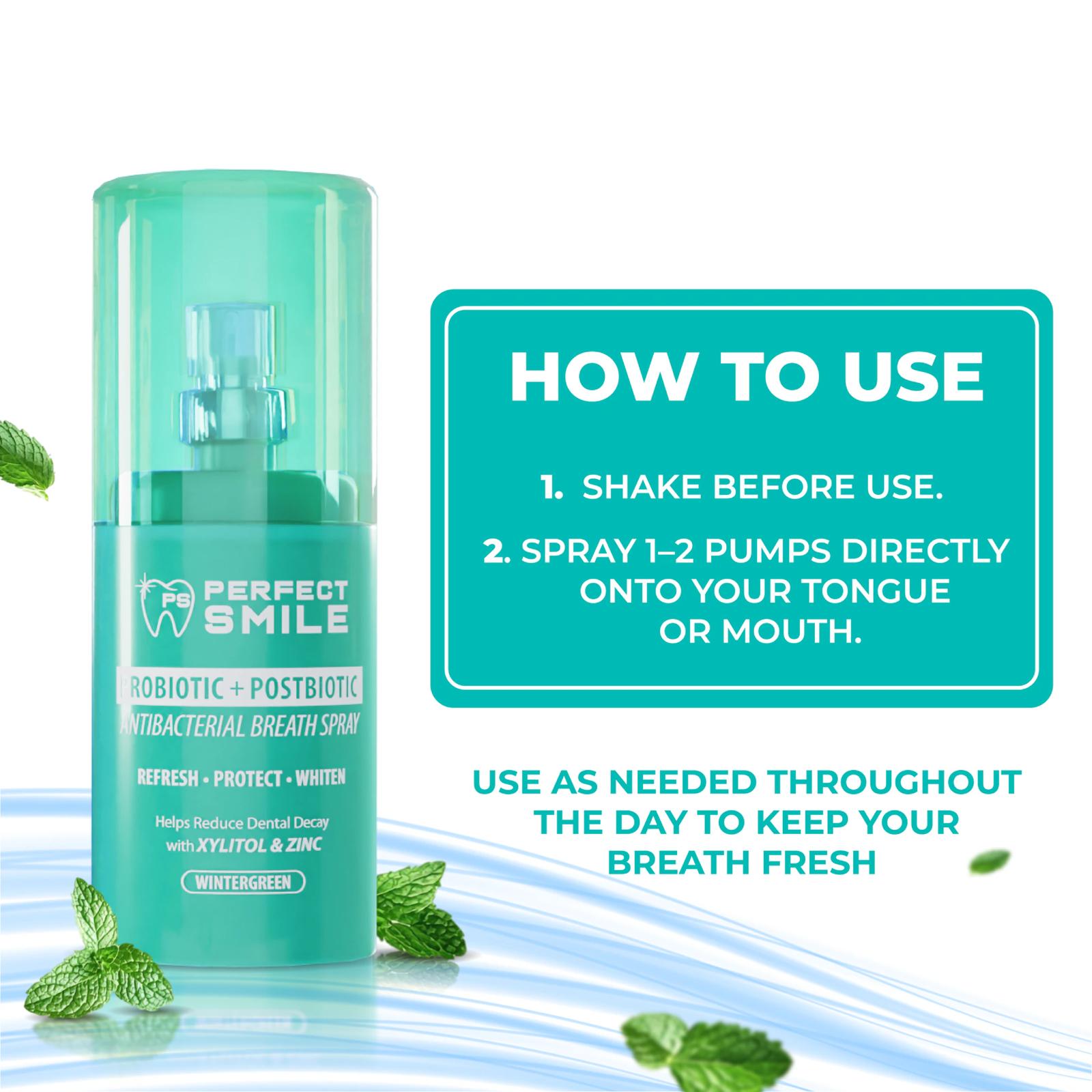 Perfect Smile Probiotic + Postbiotic Antibacterial Breath Spray 15ml بخاخ التنفس المضاد للبكتيريا بروبيوتيك + بوستبيوتيك بيرفكت سمايل - Princess Cosmetics Qatar