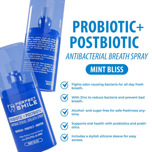 Perfect Smile Probiotic + Postbiotic Antibacterial Breath Spray 15ml بخاخ التنفس المضاد للبكتيريا بروبيوتيك + بوستبيوتيك بيرفكت سمايل - Princess Cosmetics Qatar