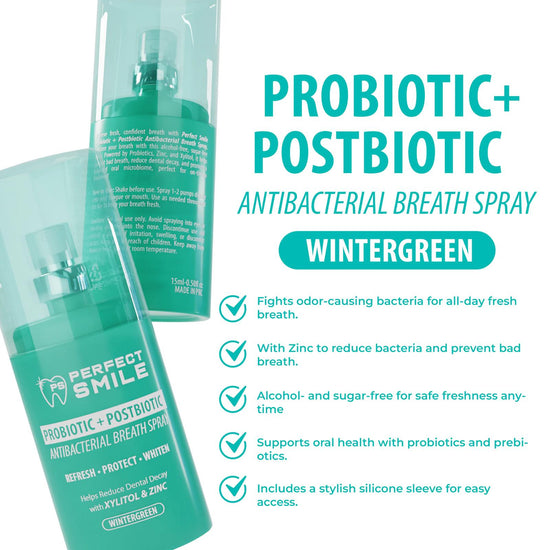 Perfect Smile Probiotic + Postbiotic Antibacterial Breath Spray 15ml بخاخ التنفس المضاد للبكتيريا بروبيوتيك + بوستبيوتيك بيرفكت سمايل - Princess Cosmetics Qatar