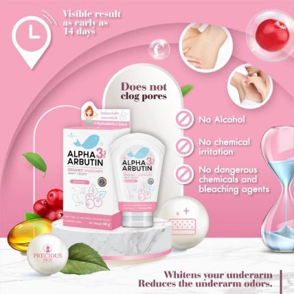 Precious Skin Alpha Arbutin 3 Plus+ Organic Underarm Cream 30g كريم ألفا أربوتين 3 بلس العضوي للعناية بالإبط من بريشوس سكين - Princess Cosmetics Qatar