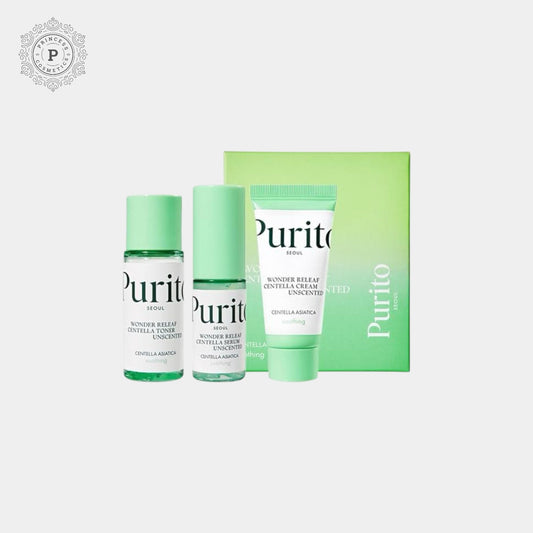 Purito Wonder Releaf Centella Mini Kit Unscented (30mlx15mlx15ml) بوريتو وندر ريليف سينتيلا ميني كيت غير معطر - Princess Cosmetics Qatar