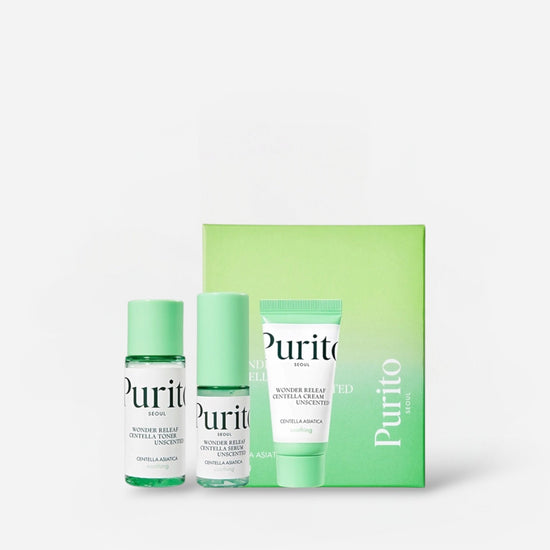 Purito Wonder Releaf Centella Mini Kit Unscented (3pcs) بوريتو وندر ريليف سينتيلا ميني كيت – غير معطر - Princess Cosmetics Qatar