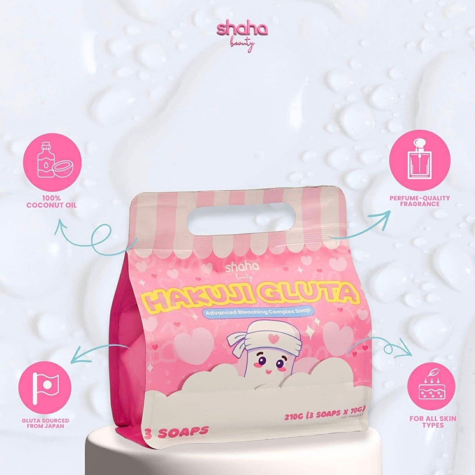 Shaha Beauty Hakuji Gluta Advanced Bleaching Complex Soap (70g x 3 Bar) صابون شاها بيوتي هاكوجي جلوتا المتطور لتفتيح البشرة - Princess Cosmetics Qatar