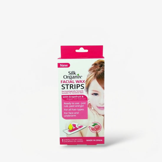 Silk Organix Facial Wax Strips - WITH GRAPEFRUIT & ARGAN OIL EXTRACT (8 Strips) شرائح شمع الوجه من سيلك أورجانيكس - مع خلاصة الجريب فروت وزيت الأرغان - Princess Cosmetics Qatar