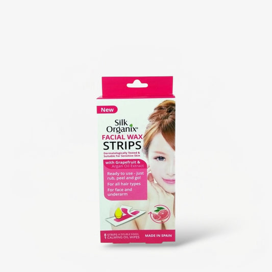 Silk Organix Facial Wax Strips - WITH GRAPEFRUIT & ARGAN OIL EXTRACT (8 Strips) شرائح شمع الوجه من سيلك أورجانيكس - مع خلاصة الجريب فروت وزيت الأرغان - Princess Cosmetics Qatar