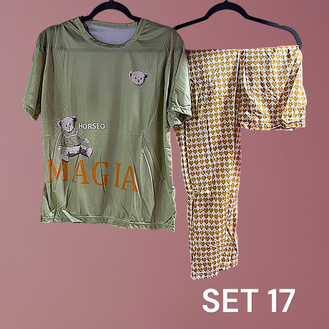 Sleepwear Set (Shirt, Short, Pants). طقم ملابس نوم (قميص، شورت، بنطلون) - Princess Cosmetics Qatar