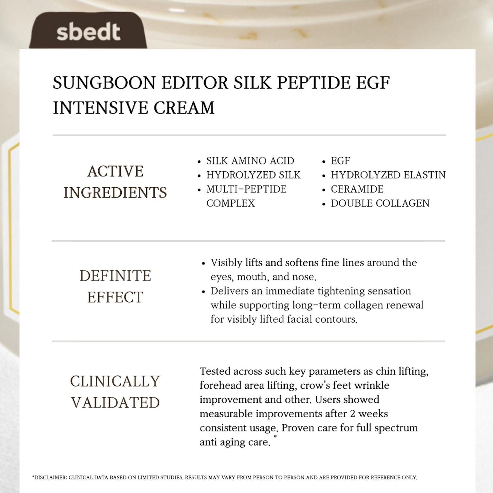 Sungboon Editor Silk Peptide EGF Intensive Cream 50ml كريم سونغبون إديتور سيلك ببتيد إي جي إف المكثف - Princess Cosmetics Qatar