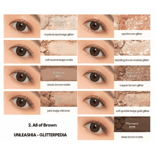 Unleashia Glitterpedia Eye Palette - N°2 All Of Brown. باليت العيون من أنليشيا جليتربيديا - رقم 2 أول أوف براون - Princess Cosmetics Qatar