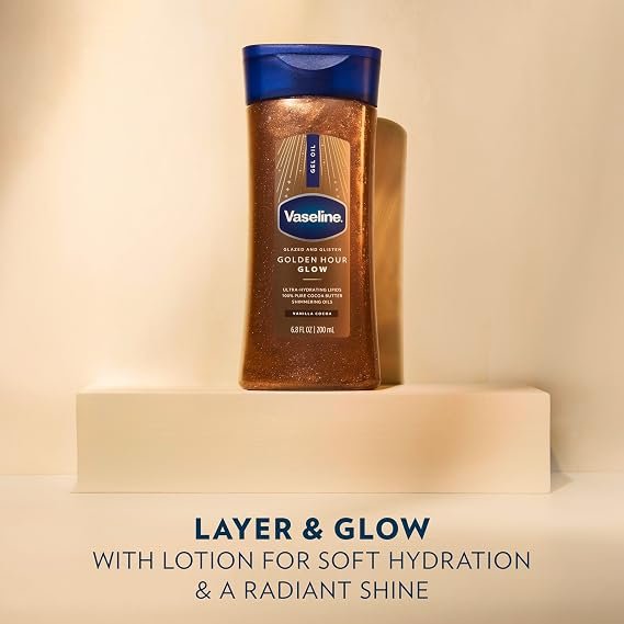 Vaseline Glazed and Glisten Golden Hour Body Gel Oil Shimmering 200ml زيت جل الجسم "فازلين جليزد آند جليستن غولدن آور" اللامع - Princess Cosmetics Qatar