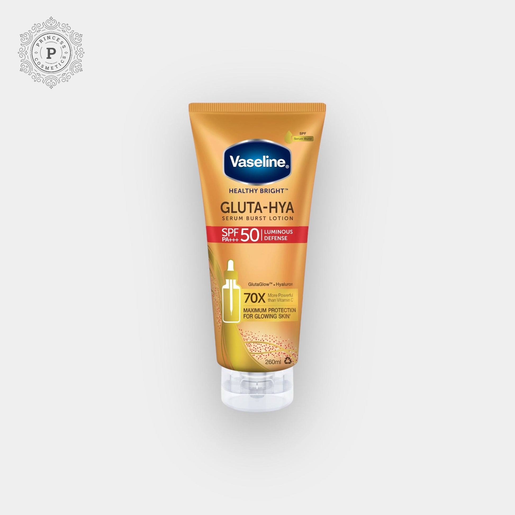 Vaseline Healthy Bright Gluta - Hya Serum Burst Lotion SPF50 PA+++ 260ml فازلين صحي مشرق الجلوتا هيا سيروم فورست لوشن - Princess Cosmetics Qatar