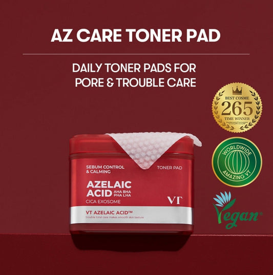 VT Cosmetics AZ Care Toner Pad (Azelaic Acid AHA BHA LHA PHA Cica Exosome) (60 Pads) وسادة تونر العناية AZ من مستحضرات التجميل في تي (حمض الأزيليك AHA BHA LHA PHA إكسوسوم سيكا) - Princess Cosmetics Qatar