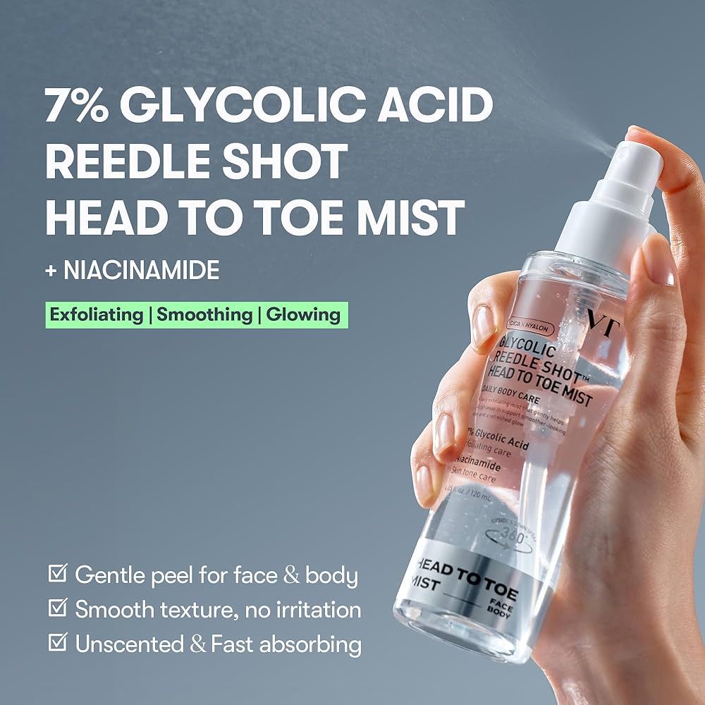 VT Cosmetics Glycolic Reedle Shot Head To Toe Mist 120ml بخاخ جليكوليك ريدل من في تي كوزماتيكس للوجه والجسم - Princess Cosmetics Qatar