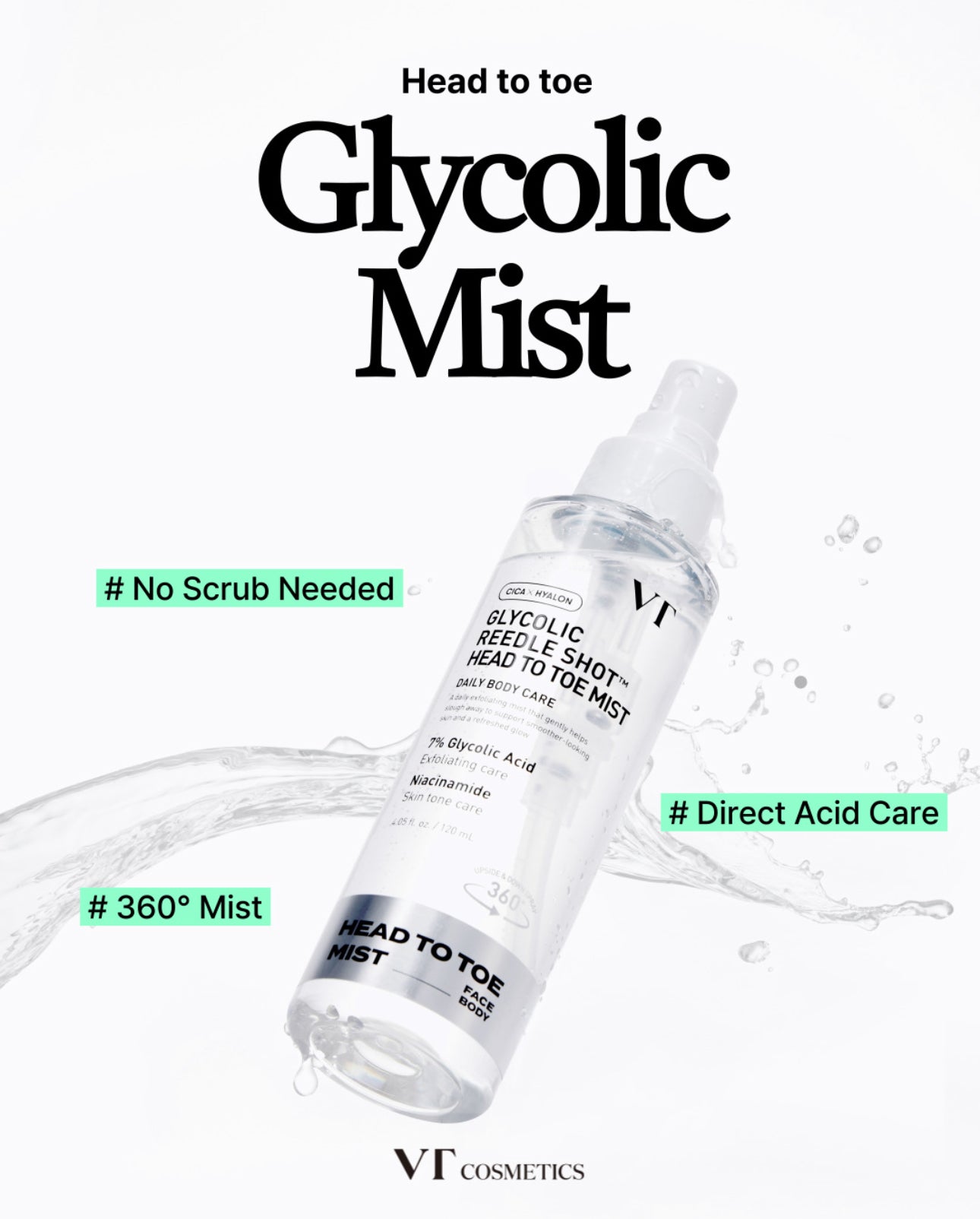 VT Cosmetics Glycolic Reedle Shot Head To Toe Mist 120ml بخاخ جليكوليك ريدل من في تي كوزماتيكس للوجه والجسم - Princess Cosmetics Qatar