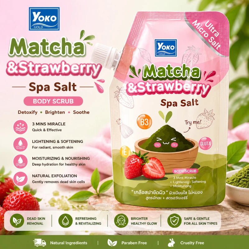 Yoko Matcha & Strawberry Spa Salt Body Scrub 350g مقشر الجسم بملح السبا بنكهة الماتشا والفراولة من يوكو - Princess Cosmetics Qatar