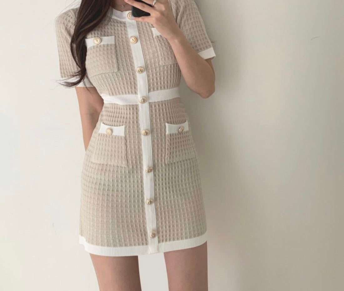Pinpi Short-Sleeve Contrast Trim Bodycon Knit Dress