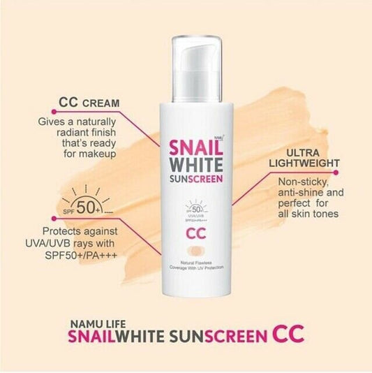 Namu Life Snail White Sunscreen CC Cream SPF50 PA+++ 50ml. كريم نامو لايف سنيل وايت الواقي من الشمس بعامل حماية من الشمس SPF50 PA+++، 50 مل